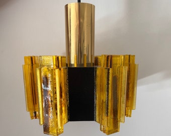 Jaren 1970 Claus Bolby voor Cebo Hanglamp - Deens Geel & Bruin Acryl, Luchtbeleffect, Ideaal Vintage Huis Decor Cadeau