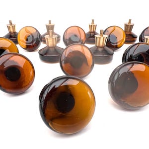 1960&#39;s 25 Dark Amber Brown Glass & Brass knobs/ Pull for Cabinets or Drawers, Sweden, Vintage Home Decor, Midcentury Design
