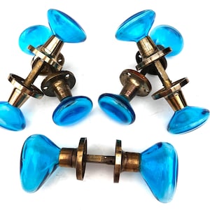 1960s 5 set of Handblown Blue Glass & Brass Turning Door Handles by Verrina, Sweden, Midcentury Modern Door Hardware, Vintage Home Decor