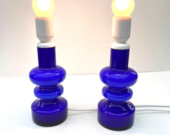 Swedish Gunnar Ander Linshammar Table Lamps, 1960s Blue Opaline Glass, Elegant Decor Lighting, Retro Home Accent Gift