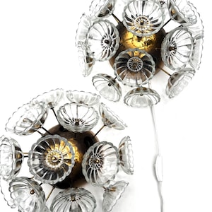 Pair of Sunburst Sputnik Wall Sconces/ Flush Mount Created in Dandeloins Flowered Glass by Web, Germany 1960s, Midcentury Spage Age Sconces