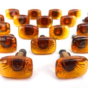 1960’s Vintage Miller Brother, 22 Light Amber Color Glass and Brass Pulls / Knobs for Cabinets & Drawer, Unique Vintage Home Decor, MCM