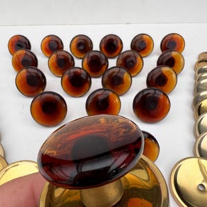 21 Amber/ Chocolate Brown colored Knobs/ Pulls With Backingplates Verrina 1960’s, in Glass and Bras, Vintage Home Upgrade, McM