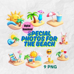 9 PNG especiales para la playa, clipart de playa, arte mural, uso comercial, descarga digital