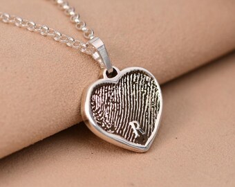 Sterling Silver Fingerprint Necklace, Heart Fingerprint Pendant, Personalised Initial Keepsake, Memorial Jewellery Gift
