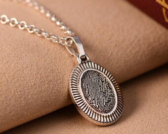 Sterling Silver Fingerprint Necklace, Oval Rimmed Fingerprint Pendant, Personalised Initial Keepsake, Memorial Jewellery Gift