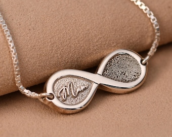 Fingerprint Personalised Infinity Bracelet Silver — Baby Feet, Paw Print, Dog Nose Engraved, Adjustable, Handmade