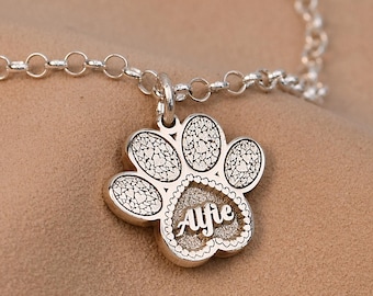 Personalised Paw Print Bracelet Silver — Heavyweight Sterling Engraved Dog Name Pendant, Handmade UK