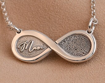 Fingerprint Engraved 925 Sterling Silver Infinity Necklace - Personalized Engraved Pendant - Handmade in UK