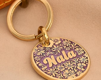 New Puppy Dog Tag Gift — Personalised Floral Brass Pet ID, Engraved, Handmade UK