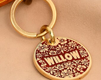 Floral Engraved Brass Pet ID Tag: Custom Dog & Cat Collar Tag