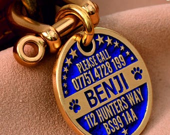 May include: A gold-colored dog tag with blue text and a blue border, attached to a brass clasp. The tag reads "BENJI" and includes a phone number and address. The tag is 25mm in size. Available colors: blue, green, black, red, and purple.