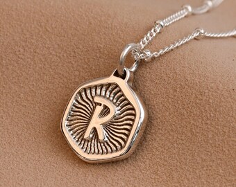 Personalised Initial Necklace Silver — Hexagon Sunburst Pendant, Engraved Letter, Handmade UK