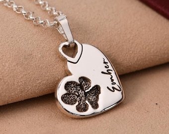 Sterling Silver Paw Print Necklace, Nose Print Heart Pendant, Pet Name Memorial Keepsake