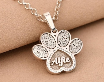 Personalized Sterling Silver Paw Pendant, Engraved Pet Name Necklace, 925 Silver Heavyweight Keepsake