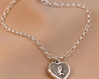 Personalised Initial Heart Bracelet Silver — Engraved Letter Charm, Sunburst Design, Handmade UK