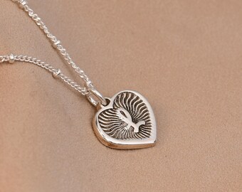 Personalised Initial Heart Necklace Silver — Engraved Letter Pendant, Sunburst Design, Handmade UK