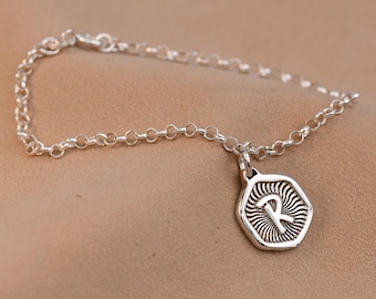 Personalised Initial Bracelet Silver — Hexagon Sunburst Charm, Engraved Letter, Handmade UK