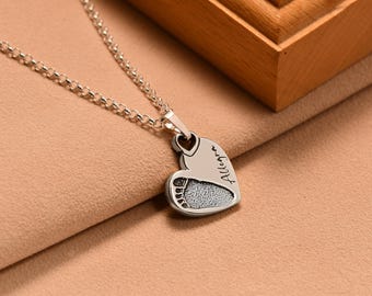 Sterling Silver Baby Footprint Necklace, Handprint Heart Pendant, Personalised New Born Keepsake Jewellery