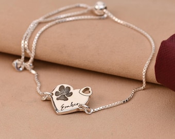 Sterling Silver Paw Print Bracelet, Engraved Pet Name Keepsake, Handmade Memorial Charm