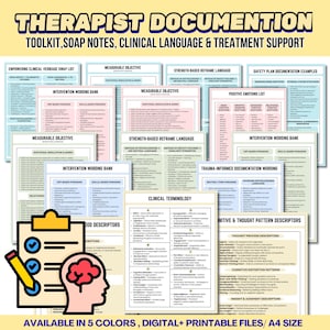 May include: A collection of printable therapy documentation tools, including soap notes, clinical terminology, and intervention wording banks. The image features a clipboard with checkmarks and a brain graphic, with the text "THERAPIST DOCUMENTATION TOOLKIT". Available in 5 colors.