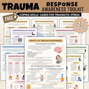May include: A toolkit for trauma awareness with coping skills cards for traumatic stress. The cards include information on the 7 trauma response types, freeze response, and fight response. The toolkit has 27 pages and includes the word "FREE".
