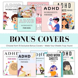 Pu&ograve; includere: Una collezione di fogli di lavoro ADHD per bambini, con vari design di copertina. Le copertine mostrano illustrazioni di bambini, cervelli ed elementi floreali. Il testo include "ADHD WORKSHEETS FOR KIDS" e "BONUS COVERS".