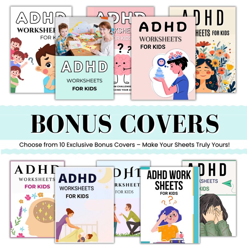 Pu&ograve; includere: Una collezione di fogli di lavoro ADHD per bambini, con vari design di copertina. Le copertine mostrano illustrazioni di bambini, cervelli ed elementi floreali. Il testo include "ADHD WORKSHEETS FOR KIDS" e "BONUS COVERS".