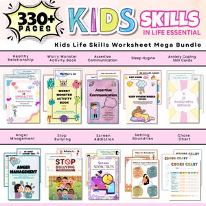 子どもの人生スキル エッセンシャル メガバンドル、330ページ以上、子どもの不安、対処スキル、落ち着くコーナー、CBTの不安、セラピーワークシート