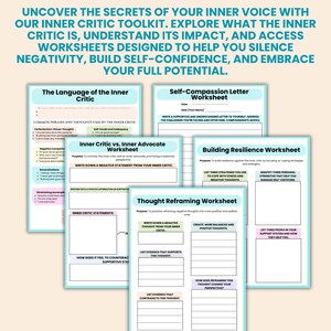 May include: Four printable worksheets designed to help you understand and manage your inner critic. The worksheets are titled "The Language of the Inner Critic", "Inner Critic vs. Inner Advocate Worksheet", "Building Resilience Worksheet", and "Thought Reframing Worksheet".