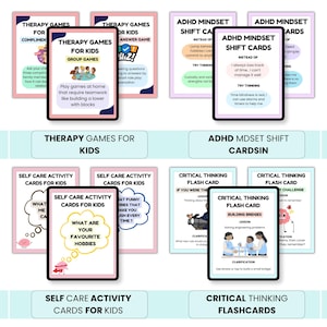 Pu&ograve; includere: Una collezione di flashcard e carte gioco colorate per bambini, con titoli come "Therapy Games", "Self Care Activity Cards" e "Critical Thinking Flashcards". Le carte hanno vari disegni e testo.