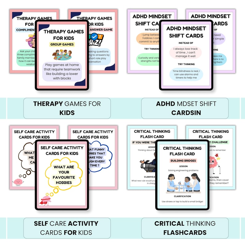 Pu&ograve; includere: Una collezione di flashcard e carte gioco colorate per bambini, con titoli come "Therapy Games", "Self Care Activity Cards" e "Critical Thinking Flashcards". Le carte hanno vari disegni e testo.