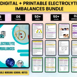 Puede incluir: Un paquete digital e imprimible de notas de enfermería para la escuela sobre desequilibrios electrolíticos. El paquete incluye 23 páginas, 6 temas, más de 50 medicamentos, más de 50 imágenes y 2 versiones. La portada presenta un estetoscopio, un gorro de enfermera y el texto "Desequilibrios electrolíticos".
