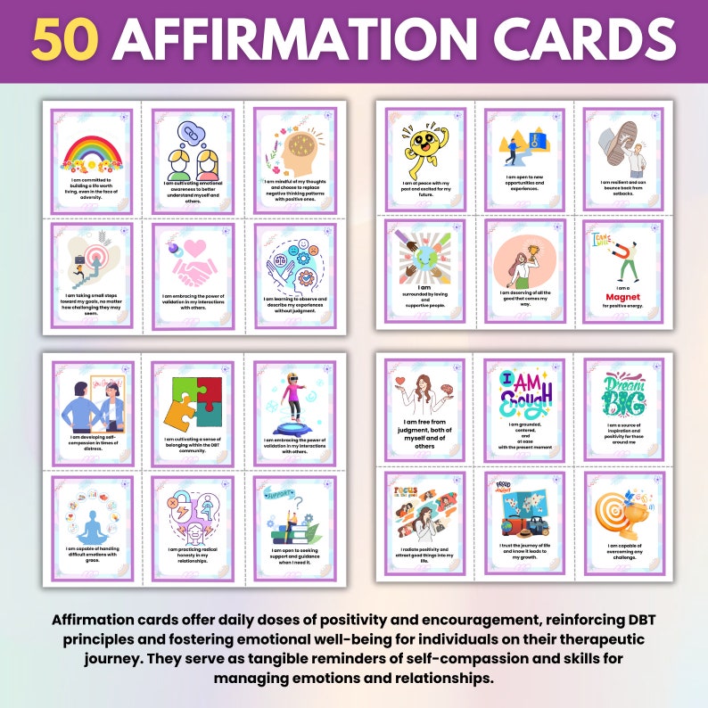 Puede incluir: Conjunto de 50 tarjetas de afirmaci&oacute;n con ilustraciones coloridas y mensajes positivos. Las tarjetas est&aacute;n dise&ntilde;adas para ayudar con el bienestar emocional y la autocompasi&oacute;n.