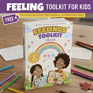 May include: A "Feeling Toolkit for Kids" book with a rainbow, sun, and cartoon illustrations. The cover features two children and the text "It's okay to feel your feelings." Coloured pencils and a drawing are scattered around the book.