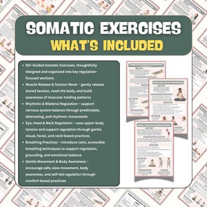 Op de afbeelding: Een groene en witte informatieve afbeelding met de titel "Somatic Exercises" met de tekst "What's Included". De afbeelding bevat oefensecties, waaronder Muscle Release, Rhythmic Regulation en Breathing Practices. Er worden ook verschillende kleinere afbeeldingen van oefengidsen getoond.