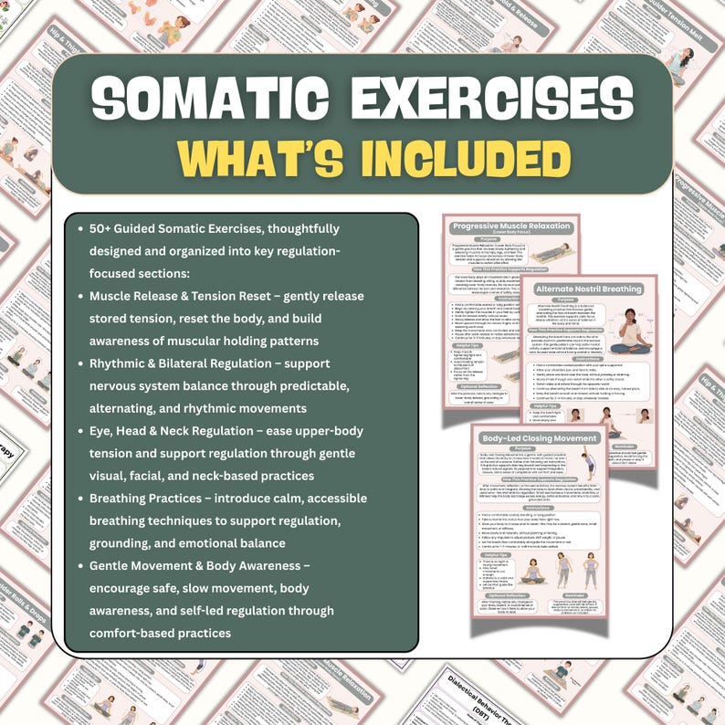 Op de afbeelding: Een groene en witte informatieve afbeelding met de titel "Somatic Exercises" met de tekst "What's Included". De afbeelding bevat oefensecties, waaronder Muscle Release, Rhythmic Regulation en Breathing Practices. Er worden ook verschillende kleinere afbeeldingen van oefengidsen getoond.