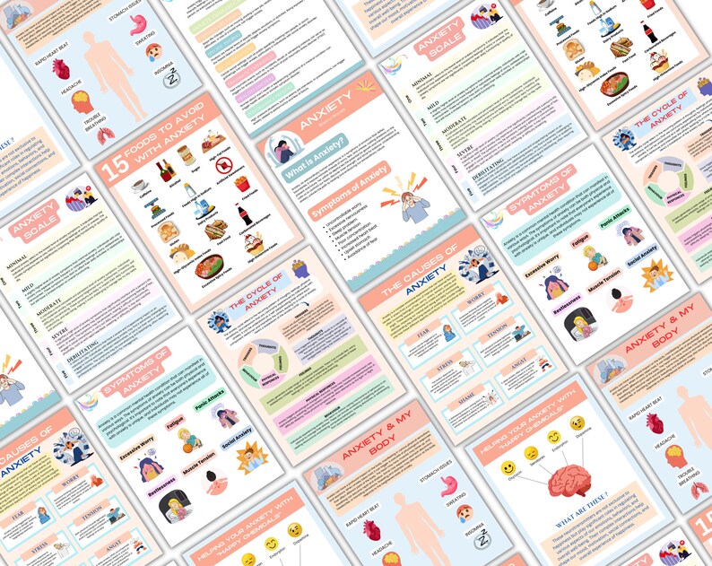 May include: A collection of informational posters about anxiety, featuring titles like "Anxiety Scale," "Symptoms of Anxiety," and "15 Foods to Avoid." The posters use a pastel color palette and include illustrations and text.