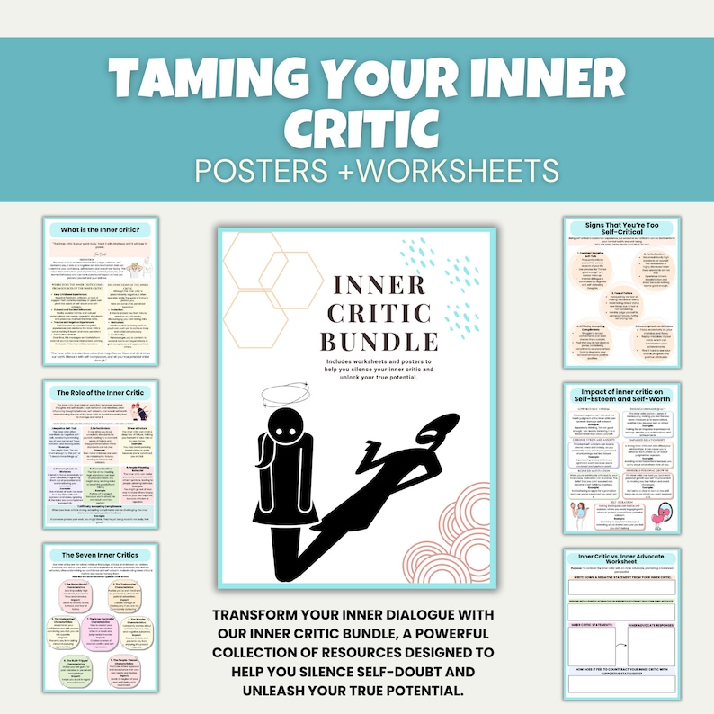 May include: A teal poster set titled "Taming Your Inner Critic" with accompanying worksheets. The central image is a black silhouette of a person with a halo, casting a shadow of a creature. Text includes "Inner Critic Bundle".