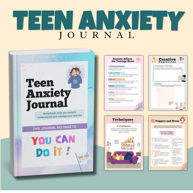 May include: A pink and blue journal cover with the title "Teen Anxiety Journal". The cover features a cartoon illustration of a teen girl wearing headphones and the text "You Can Do It!" The journal is designed to help teens understand and manage their worries.