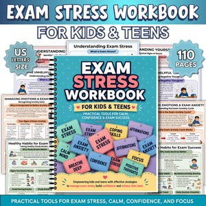 Pode incluir: Um caderno de exercícios em espiral Exam Stress Workbook for Kids & Teens com 110 páginas no formato carta dos EUA. A capa azul-petróleo apresenta o título em letras brancas e rosas, rodeado por etiquetas retangulares coloridas como Calm Mind e Breathe Deep.