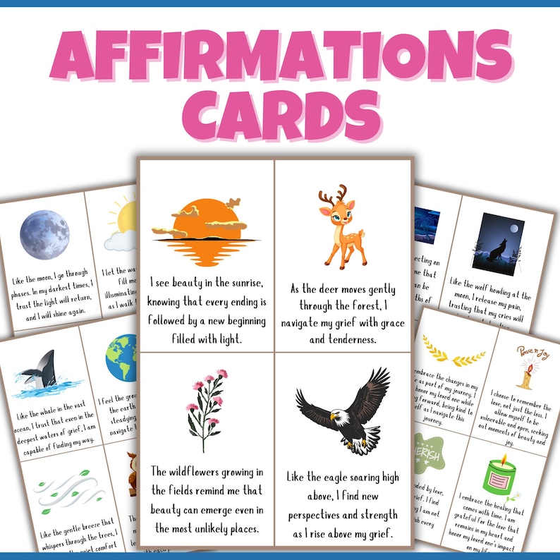 May include: A set of affirmation cards with colourful illustrations and positive messages. The cards feature images of a moon, a sunrise, a deer, an eagle, a whale, a globe, a flower, a wolf, and a candle. The text on the cards includes phrases like "I see beauty in the sunrise" and "Like the eagle soaring high above, I find new perspectives".