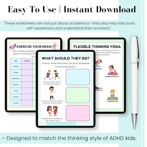 Pu&ograve; includere: Fogli di lavoro digitali per bambini con il testo "Easy To Use | Instant Download". I fogli di lavoro includono esercizi per il cervello, yoga del pensiero flessibile e suggerimenti per la comprensione emotiva. Progettato per corrispondere allo stile di pensiero dei bambini con ADHD.