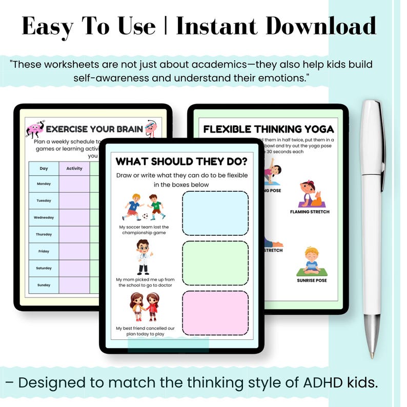 Pu&ograve; includere: Fogli di lavoro digitali per bambini con il testo "Easy To Use | Instant Download". I fogli di lavoro includono esercizi per il cervello, yoga del pensiero flessibile e suggerimenti per la comprensione emotiva. Progettato per corrispondere allo stile di pensiero dei bambini con ADHD.
