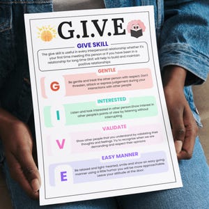 May include: A white poster with the text "G.I.V.E" and the words "GIVE SKILL" at the top. The poster is held by a person wearing a denim jacket. The poster has a list of tips for interpersonal relationships.