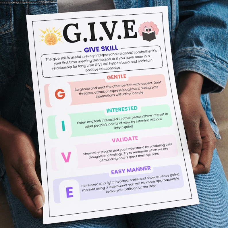 May include: A white poster with the text "G.I.V.E" and the words "GIVE SKILL" at the top. The poster is held by a person wearing a denim jacket. The poster has a list of tips for interpersonal relationships.