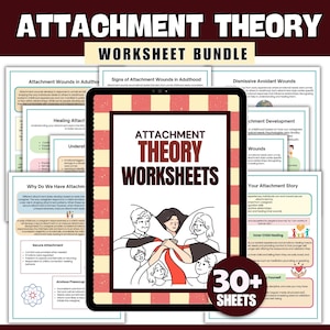 May include: A digital download of 30+ worksheets on attachment theory. The worksheets feature a cartoon illustration of a family in bed, with the text "Attachment Theory Worksheets" in bold, white letters on a pink and white checkered background.