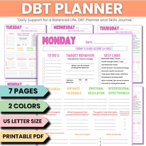 Planejador DBT 7 páginas | Diário de Terapia | Diário de habilidades DBT | Planilha de autocuidado | PDF para impressão | Download instantâneo | Diário DBT