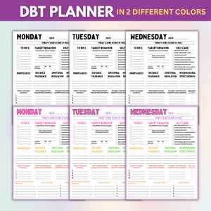Puede incluir: Un planificador DBT imprimible en dos colores diferentes, rosa y amarillo. El planificador incluye secciones para el lunes, el martes y el mi&eacute;rcoles. Cada d&iacute;a tiene secciones para tareas, comportamiento objetivo, autocuidado, atenci&oacute;n plena, tolerancia a la distancia, regulaci&oacute;n emocional y efectividad interpersonal.