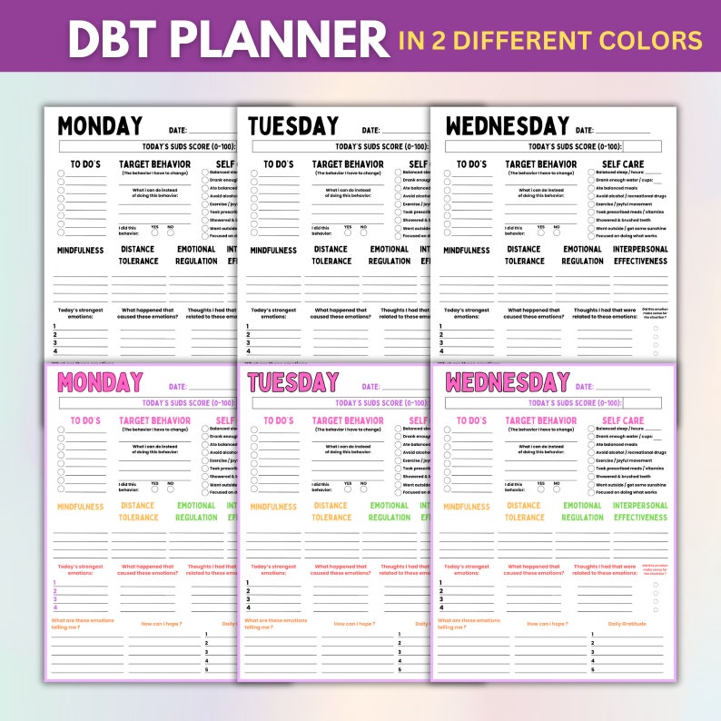 Puede incluir: Un planificador DBT imprimible en dos colores diferentes, rosa y amarillo. El planificador incluye secciones para el lunes, el martes y el mi&eacute;rcoles. Cada d&iacute;a tiene secciones para tareas, comportamiento objetivo, autocuidado, atenci&oacute;n plena, tolerancia a la distancia, regulaci&oacute;n emocional y efectividad interpersonal.